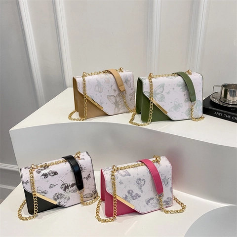 Butterfly Print PU Leather Small Square Bag For Women Elegant Contrast Color Flap Shoulder Bag With Chain Strap Crossbody Purse