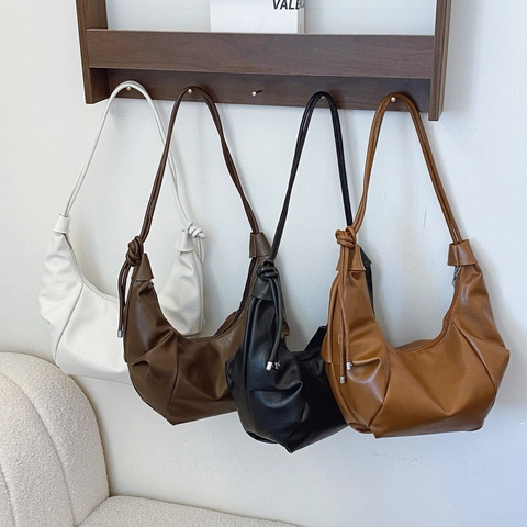 Borsa Hobo Donna Retrò Pelle PU Grande Capacità Tracolla Annodata Plissettata Mezzaluna Borsa a Spalla Casual Trendy Pendolare