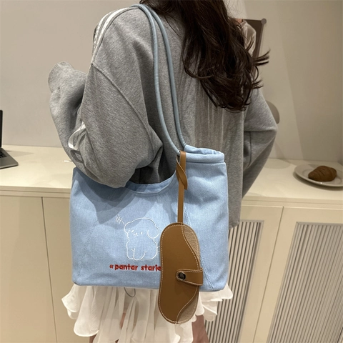 Damen Casual Blau PU Leder Tote Bag Cartoon Hund Stickerei Große Kapazität Schultertasche Mit Braunem Beutel Zubehör