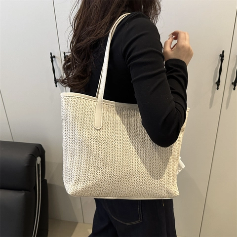 Große Kapazität Stroh Gewebte Tragetasche Für Damen Minimalistisches Design Handtasche Sommer Strand Umhängetasche Casual Tasche