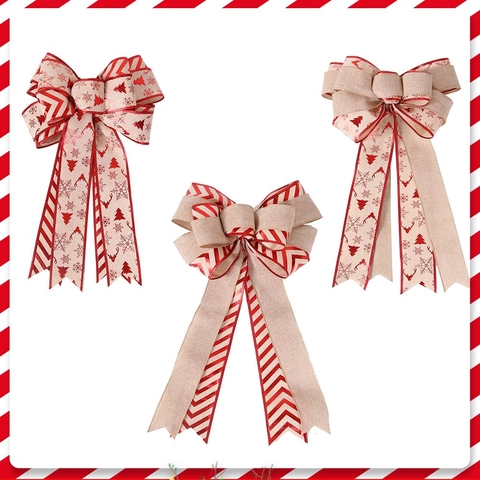 Double Layer Burlap Christmas Bow Snowflake Reindeer Tree Topper Spliced Stripe Large Bowknot Ornament For Holiday Home Decor