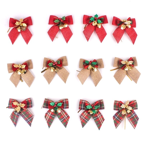 Christmas Mini Bowknot Hanging Decoration With Bell Berry Holly Leaf Burlap Plaid Velvet Fabric Xmas Tree Ornaments DIY Gift Wrap Accessory
