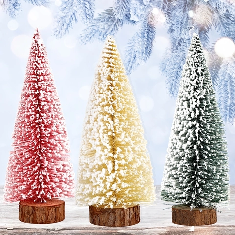 Mini Frosted Christmas Tree With Natural Wood Base Pine Needle Snow Flocked Tabletop Xmas Tree Holiday Party Decor Ornament