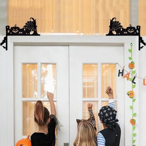 Décoration de Coin de Cadre de Porte en Bois Halloween Château de Sorcière Citrouille Fantôme Silhouette Plaque Murale en Bois
