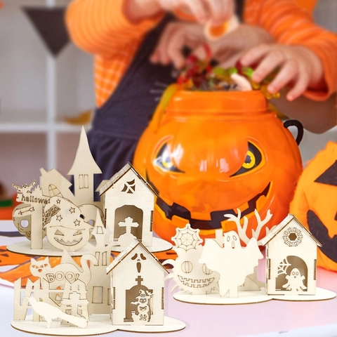 Halloween Wooden DIY Puzzle Castle Ghost Pumpkin Decoration Desktop Ornament For Kids Party Home Holiday Festive Gift