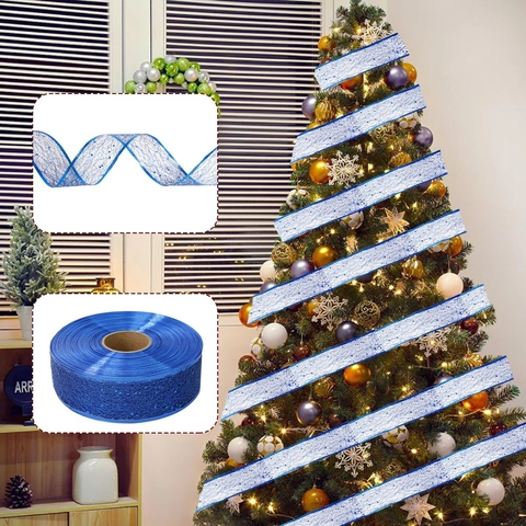 Glitter Christmas Ribbon Mesh For Christmas Tree Decoration Gift Box Wrap Red Gold Silver Blue Holiday Home Party Decor