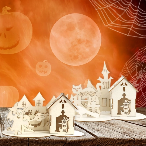 Halloween Wooden Puzzle Desktop Ornament Laser Cut Hollow 3D Ghost Pumpkin Castle DIY Wood Ornament For Party Home Decoration