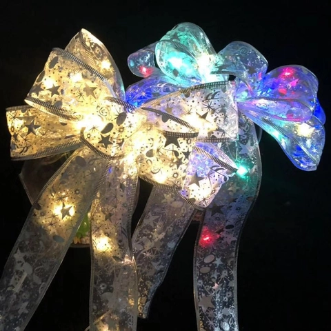 LED Lichtgevende Kerst Lint Strikken Gaas Boom Ornamenten Glitter Ster Maan Bedrukte Grote Hangende Strik Feest Decoratie