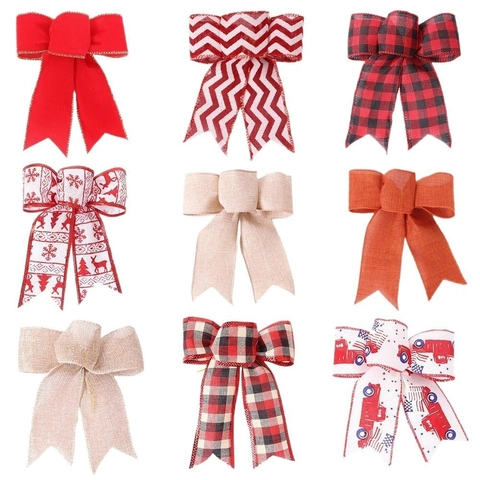 Christmas Decorative Bow Hanging Ornament Xmas Tree Burlap Plaid Striped Bowknot DIY Accessories Holiday Party Home Decor