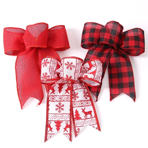 Christmas Decorative Bow Hanging Ornament Xmas Tree Burlap Plaid Striped Bowknot DIY Accessories Holiday Party Home Decor