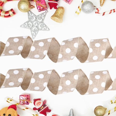 Ruban de Toile de Jute à Pois de Noël avec Bord Filaire pour Décorations de Sapin de Noël Nœuds DIY Emballage Cadeau Ornement Festif
