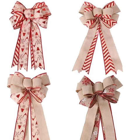 Large Christmas Tree Topper Bow Double Layer Burlap Ribbon Reindeer Snowflake Printed Ornament For Holiday Party Home Decor