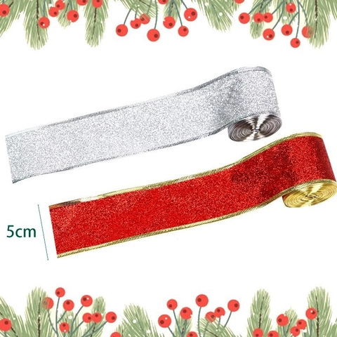 Nastro Glitterato di Natale per Decorazione Albero Nastro in Tessuto Metallico per Fiocchi Fai da Te Confezioni Regalo