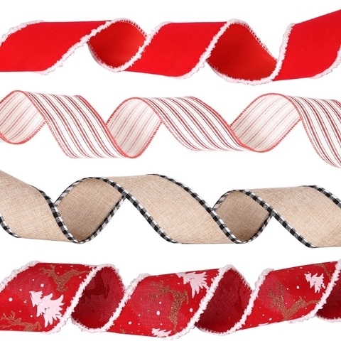 Christmas Wired Edge Ribbon Reindeer Snowflake Printed Faux Linen Velvet Ribbon For DIY Craft Gift Wrapping Xmas Tree Decor
