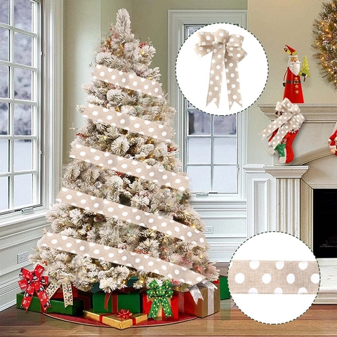 Nastro in Iuta a Pois Rustico per Decorazione Fai da Te Albero di Natale Bordo Animato Nastro in Tessuto di Lino per Confezioni Regalo