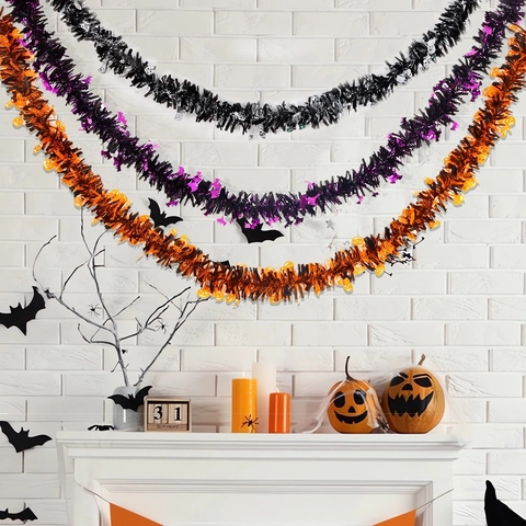 Festone Halloween di Carta Stagnola Con Ciondoli Zucca Pipistrello Scheletro Nastro Appeso per Decorazione Parete Camino Festa