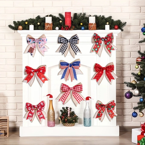 Weihnachten Sackleinen Schleife Hängen Dekoration Doppellagige Schleife Schneemann Rentier Bedruckt Für Weihnachtsbaum Deko