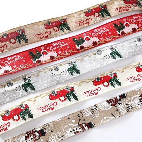 Nastro di Juta Natalizio con Bordo Cablato e Stampa di Camion Vintage Pupazzo di Neve Albero Fettuccia Decorativa in Lino per Regali di Natale
