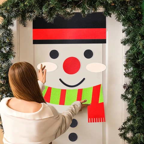 Set di Adesivi per Porte in Feltro Natalizi Fai-da-te Babbo Natale Pupazzo di Neve Renna Decalcomanie da Muro per Decorazione Casa