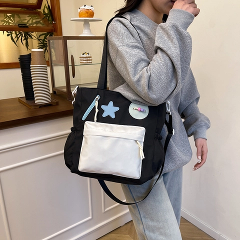 Sac Cabas en Nylon Style Preppy pour Femmes Couleur Contrastée Grande Capacité Sac à Épaule École Sac Bandoulière Avec Patch Étoile