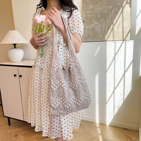 Bolso Tote de Punto Vintage para Mujer Con Perlas Artificiales Gran Capacidad Bolso de Hombro de Ganchillo Bolso Casual