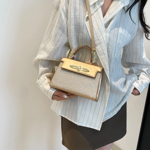 Sac à Bandoulière Tendance en Cuir PU à Paillettes pour Femmes Mini Sac à Main Carré avec Verrou en Métal Sac à Épaule Quotidien