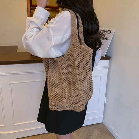 Damen Gewebte Tote Bag Große Kapazität Ausschnitt Häkeln Schultertasche Handgemachter Stil Sommer Casual Strandhandtasche