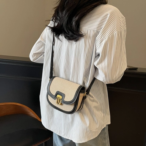 Sac Selle Rétro en PU pour Femmes Surpiqûres Contrastées Mode Petit Sac à Bandoulière Polyvalent Décontracté Main Pochette
