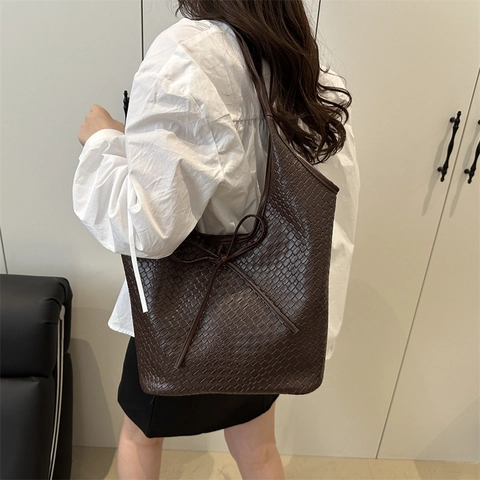 Damen Vintage Gewebt Einkaufstasche Große Kapazität Schultertasche Mit Schleife Dekor PU Leder Handtasche Für Den Alltag
