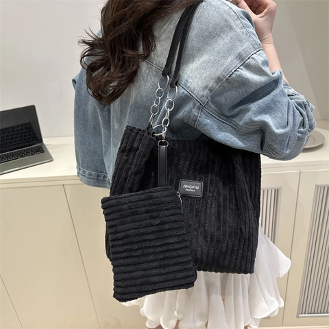 Borsa Tote in Velluto a Coste di Grande Capacità da Donna Set da 2 Pezzi Con Tracolla a Catena Borsa a Spalla Casual