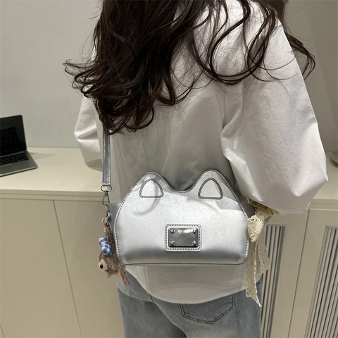 Women Cute Cat Ear Shoulder Bag PU Leather Crossbody Small Square Bag With Lace Bow Ribbon Plush Bear Pendant Trendy Handbag