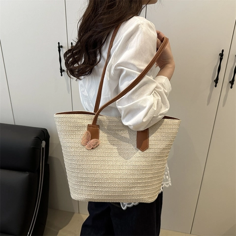 Large Capacity Woven Straw Tote Bag For Women Summer Beach Vacation Casual Shoulder Bag With Stylish Butterfly Charm Brown Straps