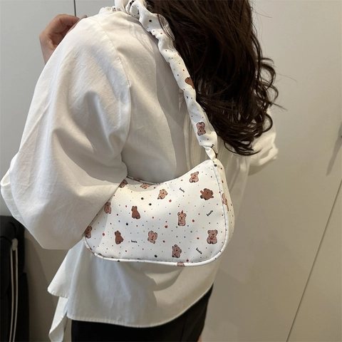 Borsa a Spalla da Donna a Mezzaluna in Tela Tracolla Arricciata con Stampa di Orso Cartone Animato Hobo Bag Casual Moda