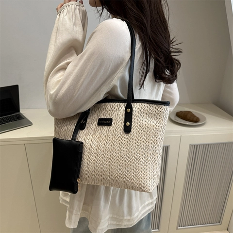 Sac Fourre-Tout Tissé à la Mode pour Femmes Grande Capacité Texture Paille Sac à Bandoulière Avec Petite Pochette Sac à Main de Plage
