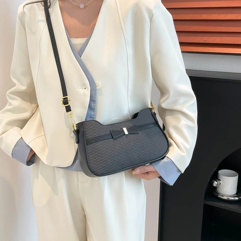 Women Retro Minimalist PU Leather Small Square Shoulder Bag Twill Texture Bow Decor Underarm Crossbody Bag Fashion Trendy Handbag