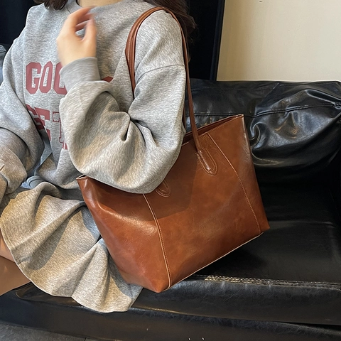 Bolso Tote de Cuero PU de Gran Capacidad para Mujer Bolso de Hombro Retro Color Sólido Bolso de Mano Versátil para Oficina
