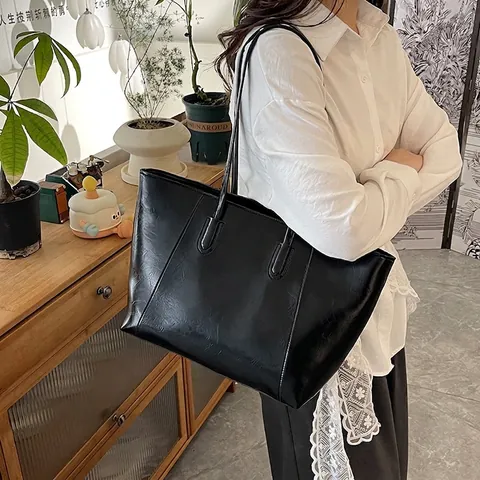 Women Large Capacity Tote Bag PU Leather Shoulder Bag Casual Minimalist Stitched Commuter Underarm Bag Solid Color Handbag
