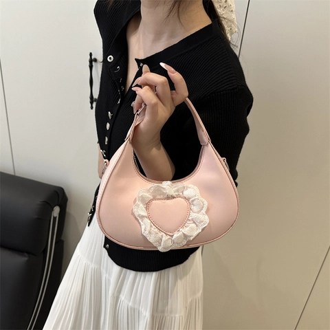 Bolso Hobo de Cuero PU con Corazón de Encaje para Mujer Bolso de Hombro Medialuna Minimalista Bolso de Axila Retro Chic