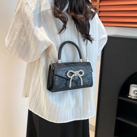 Sac à Main Tendance pour Femmes avec Paillettes et Nœud en Cuir PU Strass Soirée Sac Bandoulière Petit Sac Carré avec Chaîne en Métal