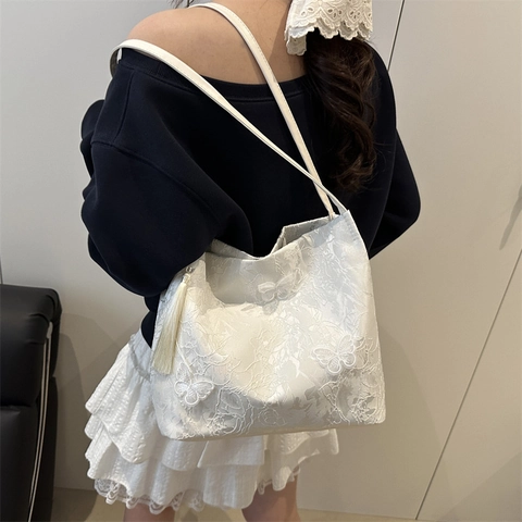 Bolso Tote de Encaje con Bordado de Mariposa para Mujer Bolso de Hombro de Moda de Verano con Borla Bolso Grande Elegante y Versátil