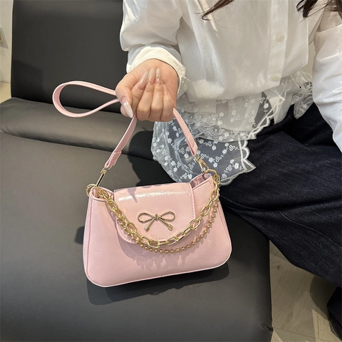 Bolso de Hombro de Axila de Cuero PU para Mujer Con Lazo de Metal Doble Cadena de Oro Retro Color Sólido Bolso Cuadrado Pequeño