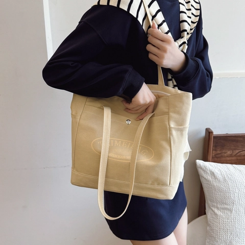Grote Capaciteit Canvas Tote Bag Voor Vrouwen Mode Minimalistische Schoudertas Met Voorvak Trendy School Handtas