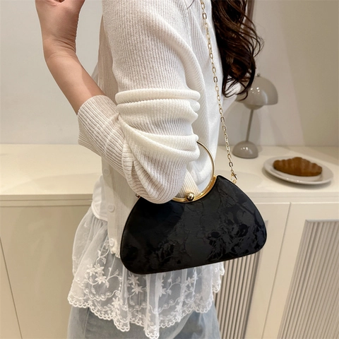 Damen Vintage Floral Jacquard Abendtasche Gold Rund Metall Griff Kette Riemen Crossbody Clutch Handtasche Hochzeit Bankett Tasche