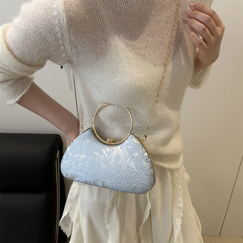 Bolso de Noche Vintage Jacquard Floral Con Asa Redonda de Metal Dorado Mujer Cadena Hombro Bandolera Clutch Boda Fiesta