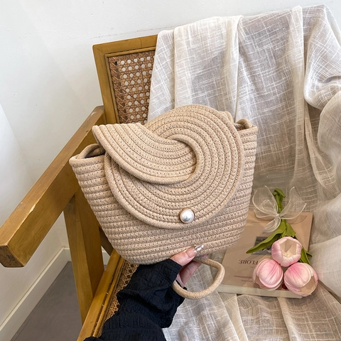 Women Handmade Woven Straw Crossbody Bag Sweet Twist Knot Pearl Bucket Bag Cotton Linen Summer Beach Shoulder Tote Bag