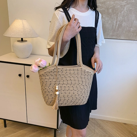 Damen Webdesign PU Tote Bag Große Kapazität Lässige Umhängetasche Mit Quaste Punktmuster Mode Urlaub Handtasche