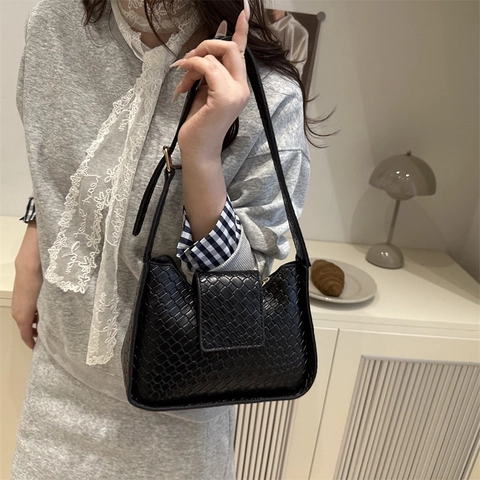 Bolso de Hombro de Cuero PU con Textura Tejida Vintage para Mujer Bolso de Axila de Color Sólido Retro Bolso de Mano Cuadrado Casual