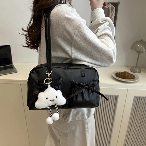 Women Trendy PU Leather Pillow Shoulder Bag With Bow Decoration And Cute Plush Cloud Charm Casual Fashion Y2K Aesthetic Bag