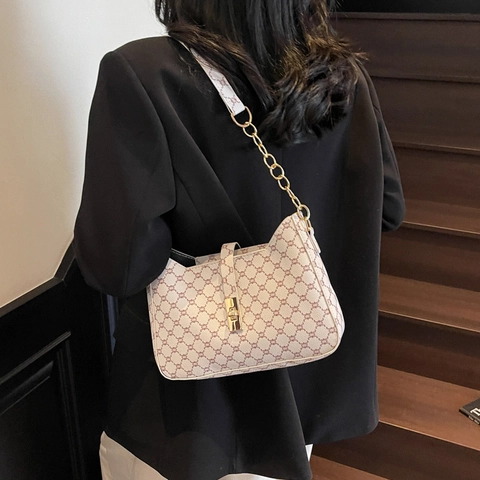 French Vintage Women PU Leather Shoulder Bag Monogram Print Square Underarm Bag With Chain Strap Gold Lock Daily Commuter Purse