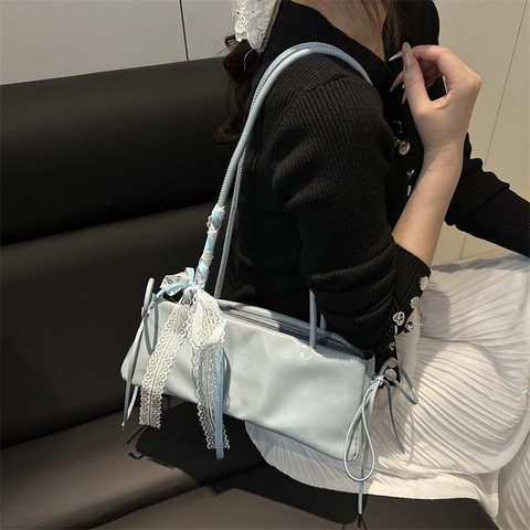 Sac Baguette Vintage Femme Nœud en Dentelle Mode Coquette en Cuir PU Sac à Épaule avec Ruban Sac sous le Bras pour Fête